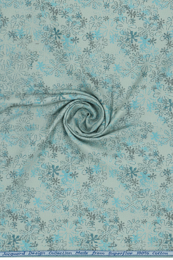 Teal blue Arvind jacquard cotton unstitched shirting fabric with intricate woven pattern, ideal for custom shirts and apparel.