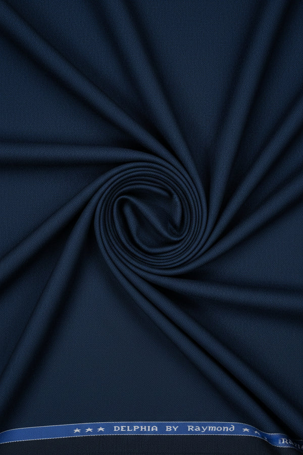 Navy blue Raymond poly viscose suiting fabric with a smooth, lightweight viscose blend texture suitable for tailored garments.