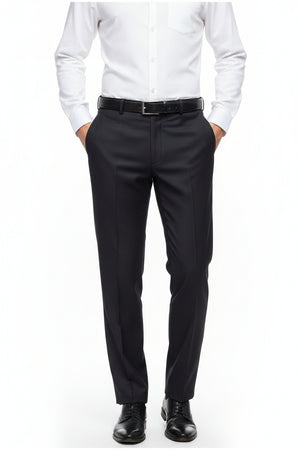 Dark navy blue Arvind Polyviscose trousers and suiting fabric, close-up of woven textile with subtle texture.