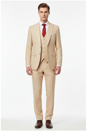 Raymond sand beige poly viscose trousers and suit fabric, unstitched textile for custom tailoring, shown laid flat.