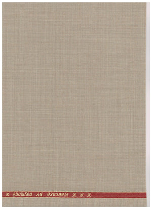 Beige Raymond unstitched poly-wool trouser fabric, suitable for tailoring, shown in close-up with fabric texture and weave details.
