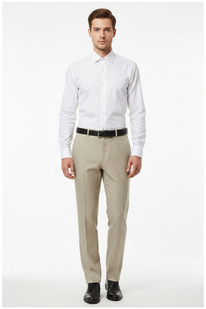 Beige Raymond polyester wool trouser fabric, unstitched suiting material with a smooth texture and classic appearance.