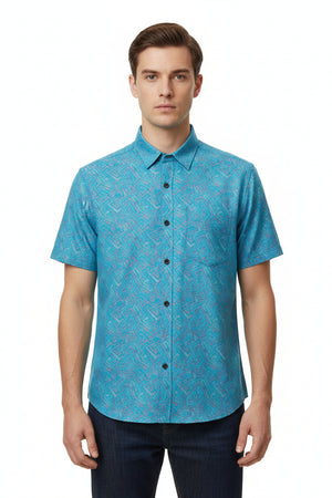 Steel blue Arvind jacquard cotton unstitched shirting fabric with intricate woven pattern and textured surface.