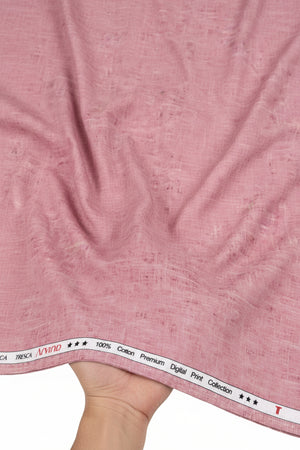 Rose pink Tresca cotton digital print shirting fabric by Arvind showcasing intricate floral patterns and smooth fabric texture.