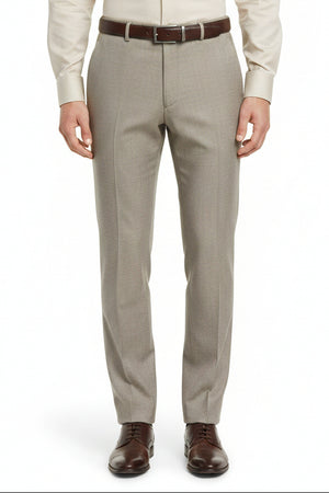 Raymond ivory polywool trousers and suiting fabric close-up, showing smooth texture and fabric weave detail.
