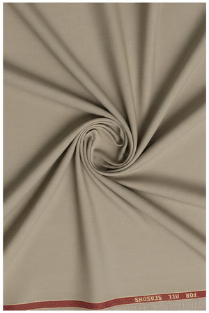 Raymond ivory polywool trousers and suiting fabric, close-up of textured fabric with subtle weave pattern.