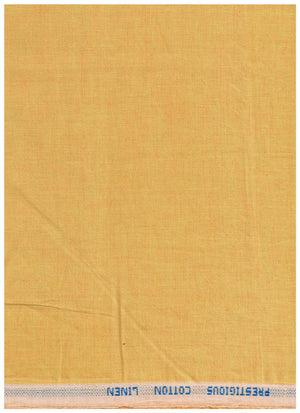 A square sample of yellow-gold woven cotton linen fabric with a blue printed label reading 'PRESTIGIOUS COTTON LINEN' along the top edge.