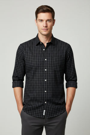 White checkered Arvind Giza cotton shirting fabric with black checks, suitable for shirts and apparel crafting.