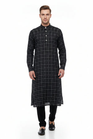 White and black checked Arvind Giza cotton shirting fabric with a crisp, woven texture, suitable for shirts and apparel.