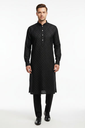 Black Readymade shirt with a subtle pattern of small white lines, branded 'Tresca by Arvind'.