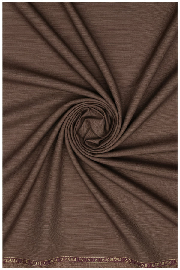 Raymond brown poly wool suiting fabric close-up showing the textured wool blend material for tailored garments.
