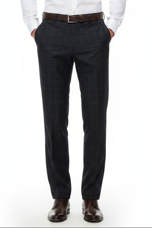 Raymond charcoal grey checks poly viscose lycra trousers and suiting fabric, fabric texture and pattern visible in the image
