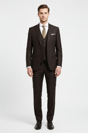 Raymond polywool trousers and suiting fabric in coffee brown, showing folded fabric with textured weave and detailed close-up.