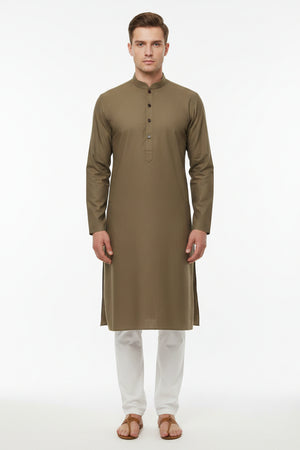 Army brown Tessuti satin unstitched shirting fabric from Mensfabric, showing smooth, plain satin textile with a matte finish.