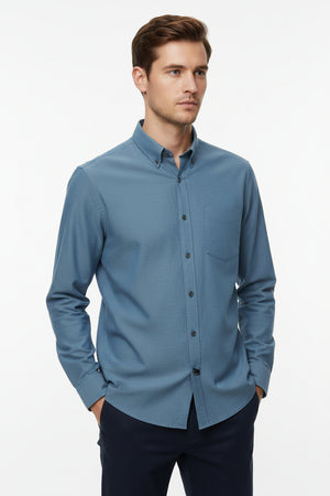 Tessuti Satin Unstitched Shirting Fabric in denim blue by Mensfabric, showing smooth satin texture and plain design.