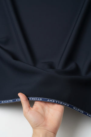 Navy blue Raymond Unstitched Polyviscose trousers and suiting fabric for men's formal wear, shown in a close-up fabric detail image.