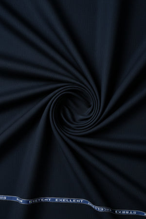 Navy blue Raymond polyviscose trousers and suiting fabric displayed in the image, showcasing the fabric texture and color.