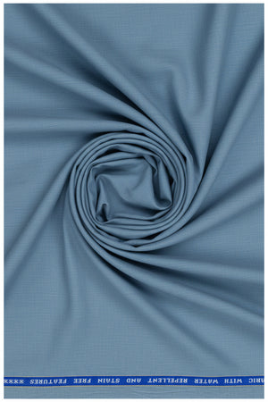 Raymond Polywool trousers and suiting fabric in denim blue, showcasing the fabric texture and color.