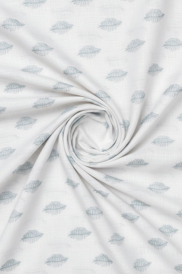 Light blue on white Pee Gee linen unstitched shirting jacquard fabric with intricate woven pattern, ideal for custom clothing.