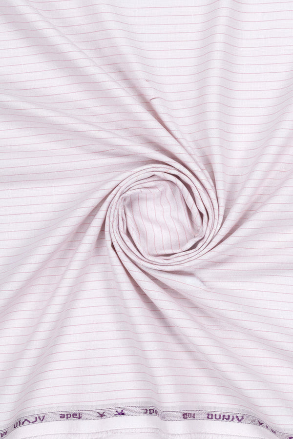 Light pink Arvind Tresca linen shirting fabric with white and darker pink stripes, unstitched textile for clothing.