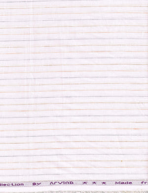 Close-up of a fabric with thin stripes and brand name on a white background