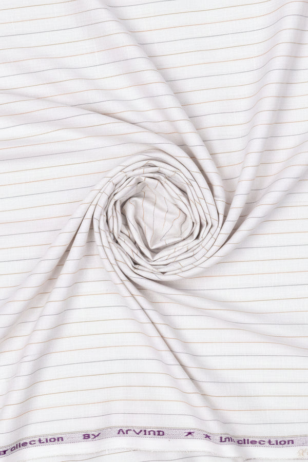White Arvind Tresca linen shirt fabric with blue and gray stripes, unstitched material suitable for custom tailoring.