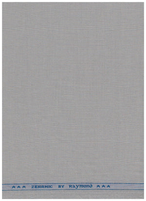 Gray cloud-colored Raymond poly viscose suiting fabric with a smooth, lightweight viscose blend texture, suitable for tailored suits.