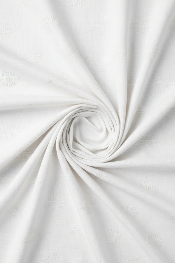 White Pee Gee linen jacquard shirting fabric, unstitched pure linen material with intricate woven pattern and textured surface.