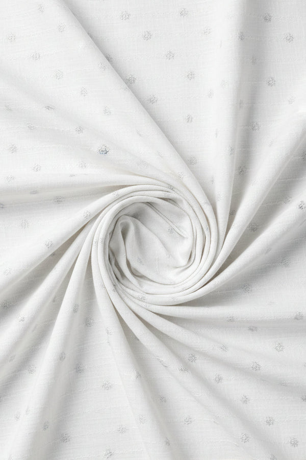 White Pee Gee linen jacquard shirting fabric with intricate woven pattern, showcasing smooth texture and high-quality material.