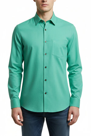 Parrot green Tresca cotton shirting fabric by ARVIND, unstitched textile with luxurious cotton material for shirt making.