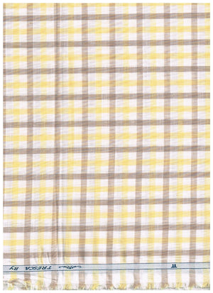 Yellow and brown checked Tresca cotton shirting fabric by Arvind, soft unstitched material for custom shirts.