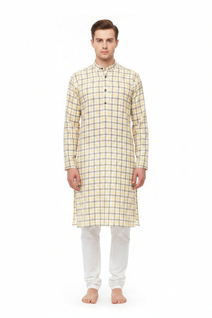 Yellow and brown check Tresca cotton shirting fabric by Arvind, featuring a white background and luxurious unstitched textile design.
