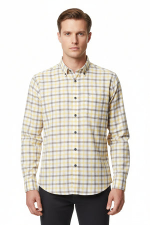 Yellow and brown check Tresca cotton shirting fabric by Arvind, unstitched material ideal for stylish shirts.
