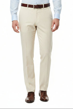 Raymond ivory polywool trousers and suiting fabric close-up, showing the smooth, woven textile texture.