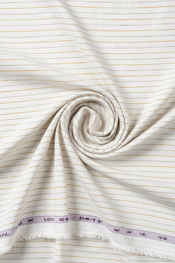 Beige linen shirt fabric with blue and white stripes from Arvind 70 LEA collection, showing the textile pattern and texture.