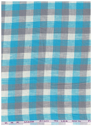 Green and grey check Arvind linen shirting fabric, close-up of textured fabric with pattern and soft natural fibers.
