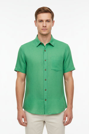 Green Arvind Pure Linen Shirt Fabric with a smooth, lightweight texture suitable for stylish summer shirts.