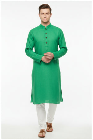 Green Arvind pure linen shirt fabric with a smooth, lightweight texture, showcasing a natural woven pattern.