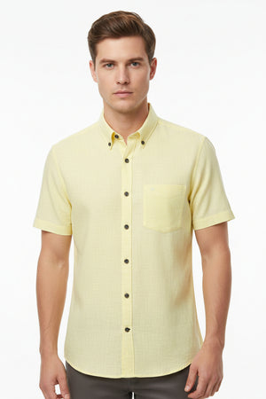 Yellow Arvind Pure Linen Shirt Fabric unstitched textile, soft and breathable linen material for custom shirts.