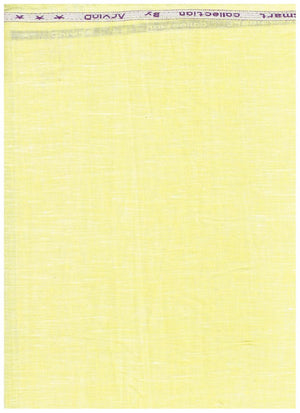 Yellow Arvind pure linen shirt fabric displayed in a close-up, showcasing the textured unstitched material for custom sewing.