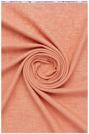 Arvind pure linen shirt fabric in carrot orange, unstitched material with a smooth texture and vibrant color for custom tailoring.