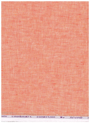 Carrot orange Arvind pure linen fabric, close-up of textured linen material suitable for shirts, with natural woven pattern.