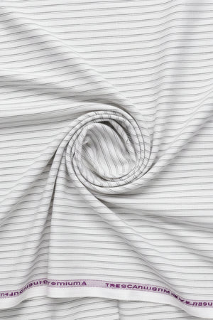 Light grey striped linen shirting fabric by ARVIND, showing the textured Arvind Tresca linen material with subtle stripe pattern.