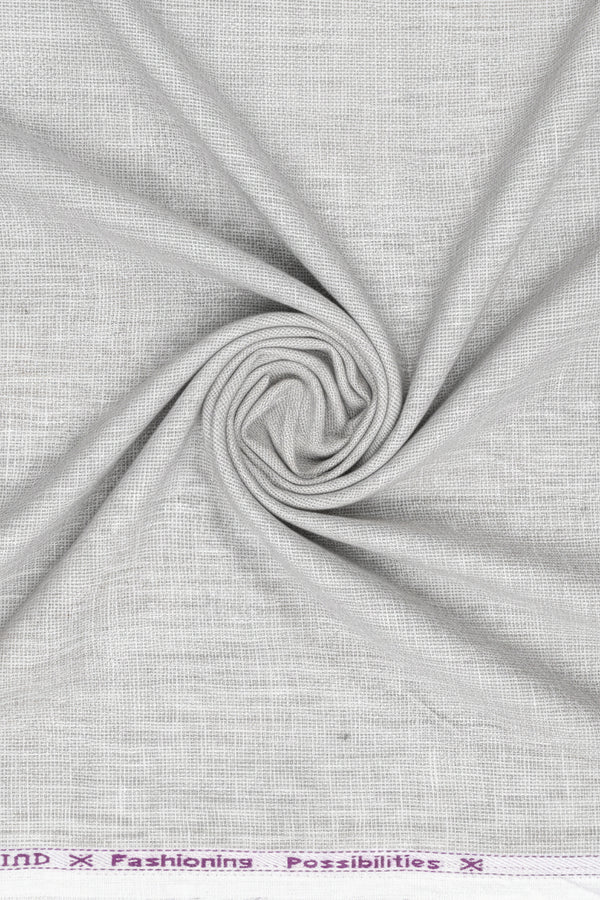 Silver Arvind linen trousers fabric shown in close-up, highlighting the textured linen material and fabric weave.
