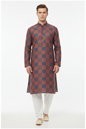 Unstitched Tresca cotton shirting fabric by Arvind with brown and blue checks, ideal for custom shirts and tailored garments.