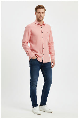 Light pink Arvind Giza cotton shirting fabric in Misty Rose color, featuring soft, smooth textile with a subtle textured pattern.