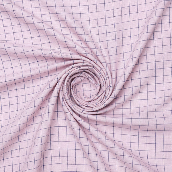 Blue check linen shirt fabric from Arvind Tresca, featuring pink background and lightweight, breathable linen texture.