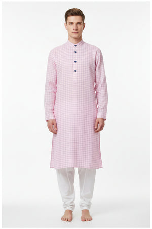 Blue check linen shirt fabric by ARVIND featuring pink background with a classic check pattern, ideal for stylish shirts