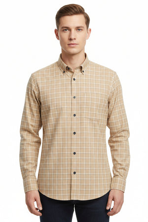 Tan Tresca cotton checks shirting fabric by Arvind, showing a close-up of the textured checked pattern and fabric weave.