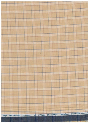 Tan Arvind Tresca Giza Cotton Checks fabric with a checkered pattern, ideal for shirt making, showcasing the fabric's texture and design.